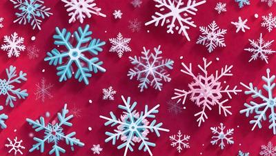 The primary subject of the image is a close-up of a snowflake pattern, which is a digital artwork. The setting is a red background, and the visual style is a combination of digital art and illustration. The dominant colors are blue and white, creating a cold and wintry atmosphere.
